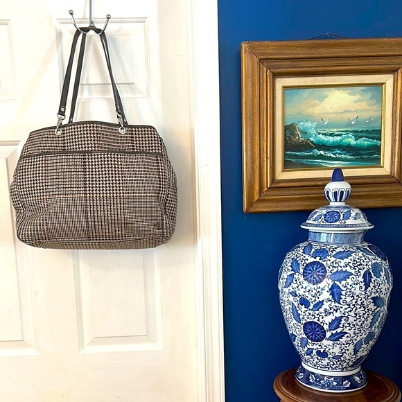 LAUREN RALPH LAUREN Brown & Black Houndstooth Canvas Large Shoulder Purse - Picture 1 of 7